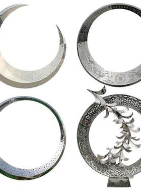 不锈钢镜面月亮圆环创意雕塑定制房地产园林庭院简约水景装饰摆件