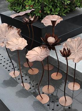 不锈钢荷叶雕塑铁艺仿真荷花金属艺术装饰品酒店会所水池水景摆件