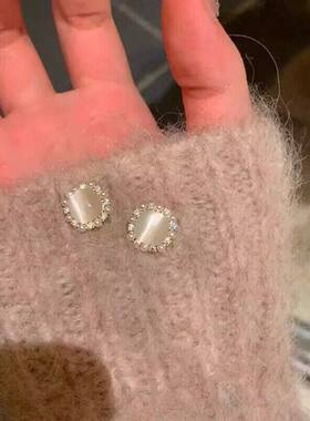 迷你小方糖猫眼石珍珠耳钉女轻奢高级感精致耳环925银针气质耳饰