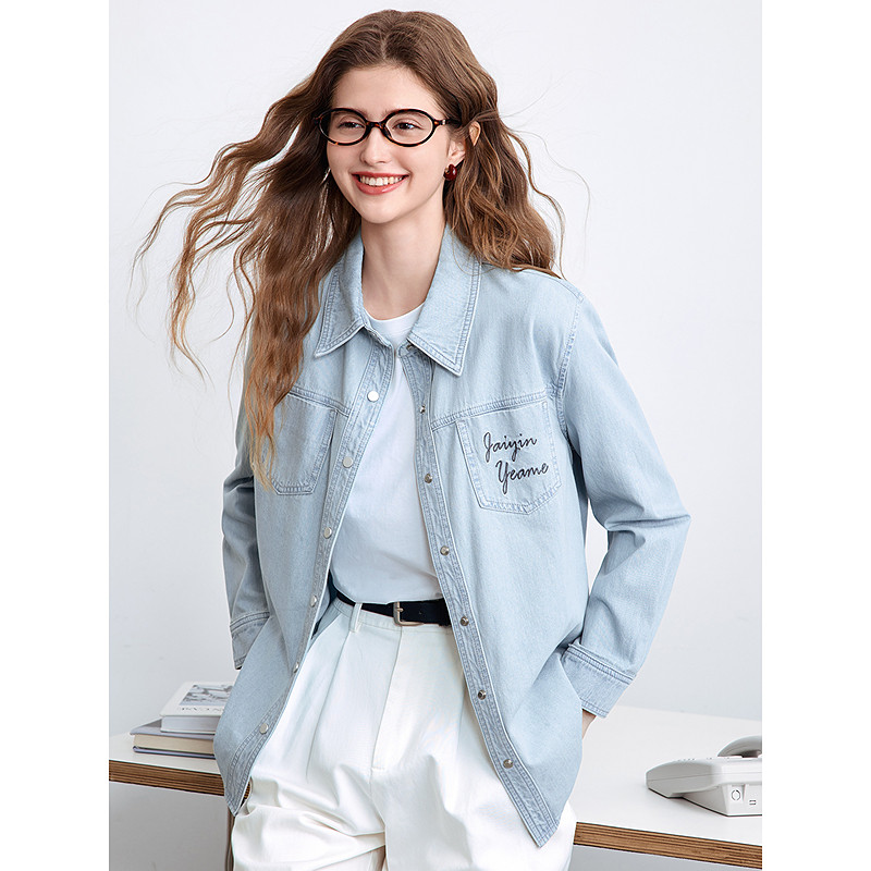 betu百图浅蓝色牛仔衬衫女长袖2025年秋季新款宽松显瘦衬衣外套,淘宝优惠券,粉丝福利购,淘宝优惠卷