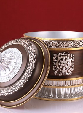 藏式风八吉祥g合金糌粑盒款雕刻红银双H色果盘收纳罐直筒罐家用摆