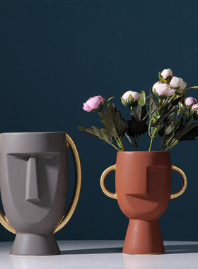 陶瓷人脸头像双耳花瓶创意客x厅插花样板房软装饰品工艺品家居摆