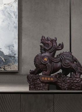 黑檀实木雕刻招财貔貅摆件公母一对家居客厅电视柜V装饰办公室开