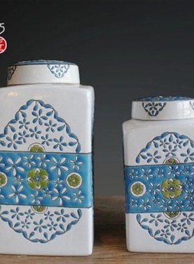 景德镇陶瓷四方罐k现代欧式陶瓷储物罐家居书房装饰新房摆件工艺