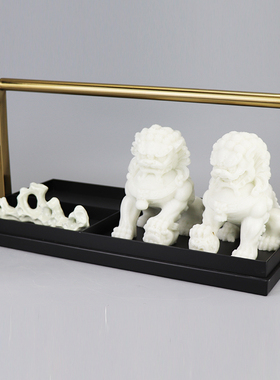 新中式提篮托盘分格盒摆件简约现代样G板房客厅茶几白狮子软装饰