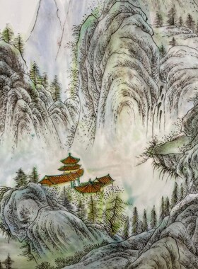 汪野亭作品红木镶瓷板画粉彩山水锦绣江南S插屏 古玩旧藏