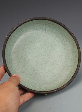 宋汝窑青釉镶银口花盆古董古A玩瓷器收藏品老货老物件手工摆件