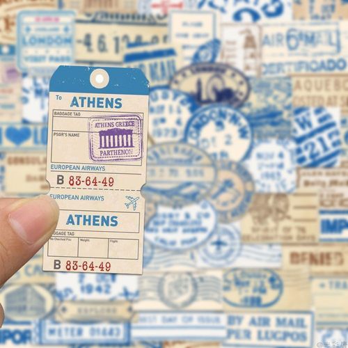 100张旅途票根贴纸复古风小众车票登机牌火车票邮戳印章手账素材手机壳笔记本电脑ipad平板水杯装饰防水贴画 - 图0