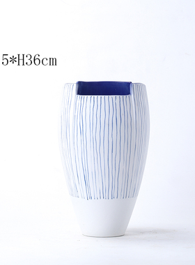 现代极简约样板房家居q手绘蓝色线条圆点陶瓷哑光花瓶装饰花器摆