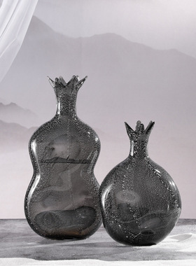 新中式创意石g榴玻璃花瓶灰色透明客厅现代摆件餐桌装饰品水培花