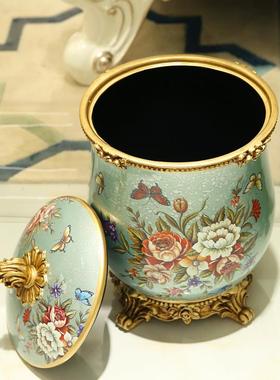 大号欧式复古客厅带盖垃圾桶家用创意装饰品收纳桶树脂工艺品摆件