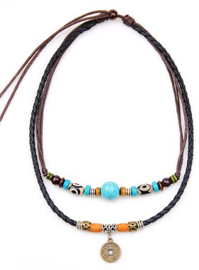 极速Men 2 layers Leather Rope NecklEace Vintage Fashion Retr