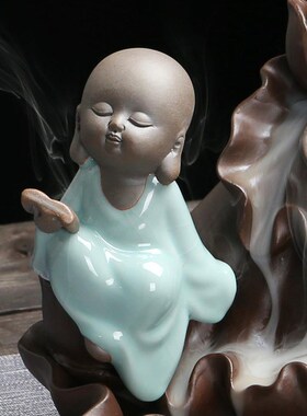 倒流香炉高山流水家居摆件小和尚紫砂工艺品S熏香炉观流烟香座