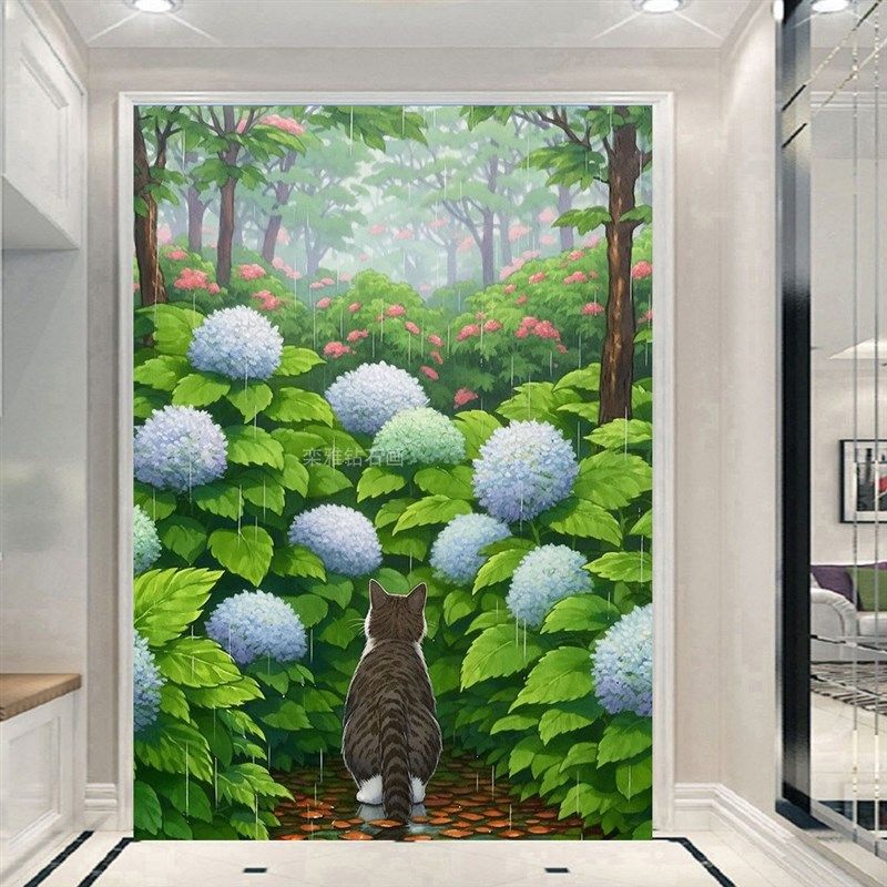 DIY方钻满钻钻石画钻石绣贴钻B十字绣带钻森林绣球花园前的黑猫咪,淘宝优惠券,粉丝福利购,淘宝优惠卷