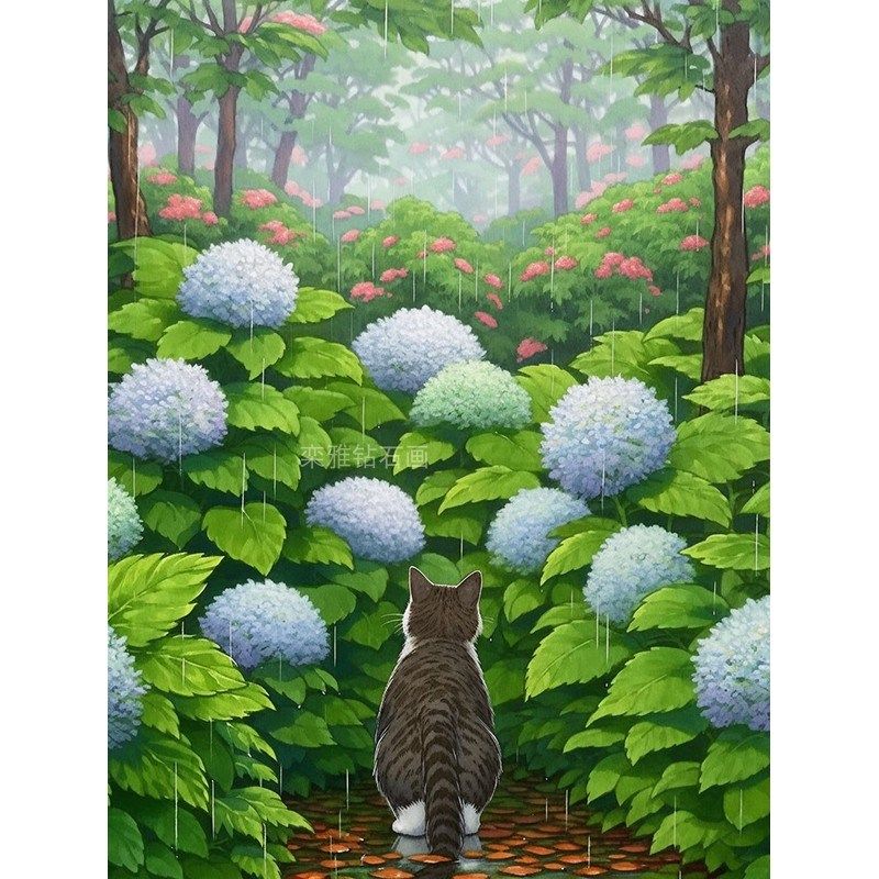 DIY方钻满钻钻石画钻石绣贴钻B十字绣带钻森林绣球花园前的黑猫咪,淘宝优惠券,粉丝福利购,淘宝优惠卷