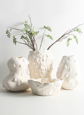现代简约新中式软装样板间酒店玄关客厅白色陶瓷R花器花瓶摆件组