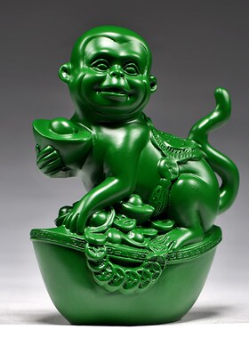 绿色木雕猴子摆件实木三合十二生肖猴I家居办公室动物装饰工艺品