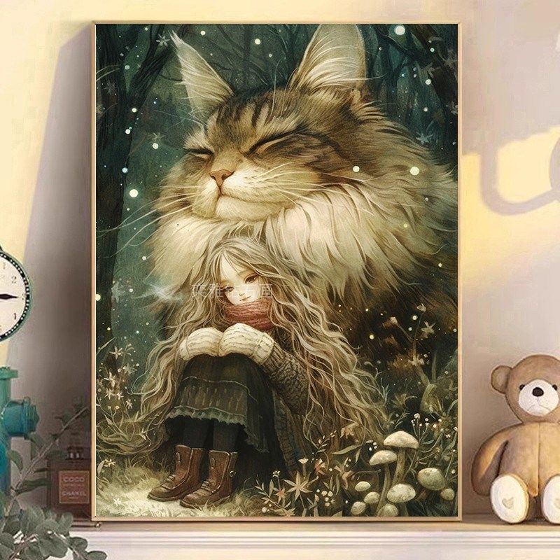 新款DIY方钻满钻钻石画钻石绣大猫咪小女孩蘑R菇手工粘贴钻十字绣,淘宝优惠券,粉丝福利购,淘宝优惠卷