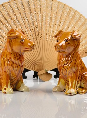 唐三彩陶瓷狗生肖小黄狗陶土烧制补缺角J土狗摆件手工艺品动物装