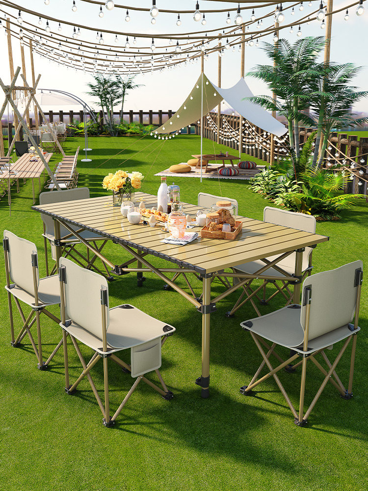 Outdoor table, foldable, portable lifting stall, egg roll table, table and chairs, a complete set of picnic and camping equipment set