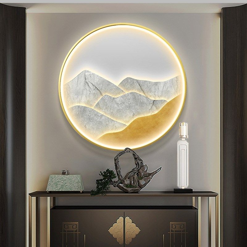 现代轻奢玄关装饰画茶室客厅岩板灯画入户走N廊过道挂画圆形进门,淘宝优惠券,粉丝福利购,淘宝优惠卷