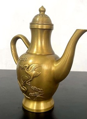 仿古铜器收藏仙鹤壶摆件黄铜做旧B铜水壶铜酒壶居家装饰工艺品摆