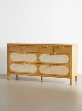 北欧复古实木斗柜小户型家用藤编抽屉柜书房卧室玄关收纳储物柜