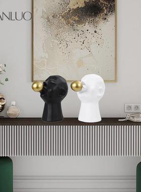 现代简约黑白色吹泡泡男孩人物摆件创意艺术样板间装饰品树脂摆件