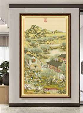 雍正十二月四月十字绣2023新款线绣客厅竖版玄关传世名画手工刺绣