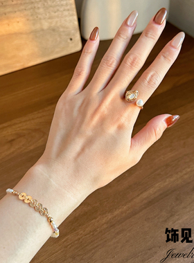 新中式绿松石白贝天然珍珠戒指复古高级感食指戒开口不掉色指环女