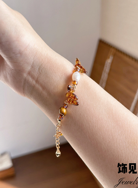 复古捷克琉璃虎眼石天然珍珠手链不规则串珠手串小众秋冬手饰品女