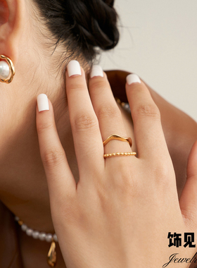 时尚小众双层链条戒指女素银高级感指环气质波浪串珠18K金食指戒