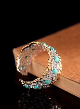 人品银品 S925银镶嵌天然松石戒指时尚小众设计创意女士开口指环