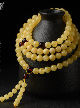 天然蜜蜡108颗佛珠男女士原色鸡油黄白花蜜无烤色琥珀文玩老蜜蜡