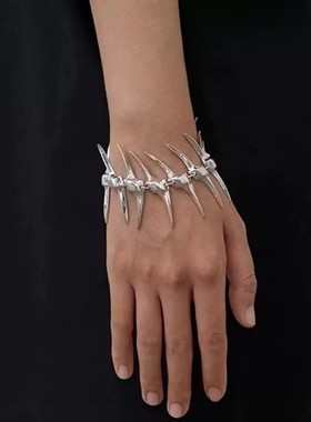 荆棘鱼骨角刺尖牙银色手链男女