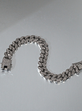 满钻古巴手链男士潮流银色镶钻