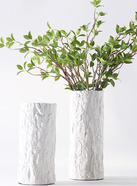 现代简约磨e砂白仿树皮陶瓷花瓶摆件北欧客厅餐桌装饰干花器工艺