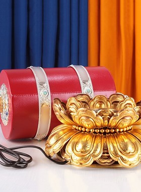 藏式转经简金色亚青纯铜银色红y皮革电动转桶家用客厅莲花转轮摆