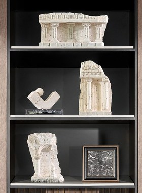 现代简约侘寂风黄洞石罗马柱建筑模型大理石雕刻摆件W样板间装饰