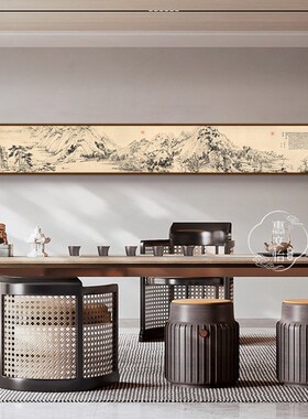 网红《黄公望富春山居图》新中式茶室沙发背景墙客厅山水画酒店包