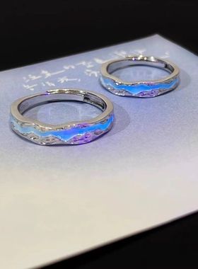 小众设计光年之境情侣夜光对戒指男女百搭指环潮酷素圈尾戒食指高