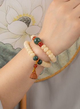 极速奶油黄d玉化菩提根手串男女款手链佛珠文玩菩提算盘珠双圈文