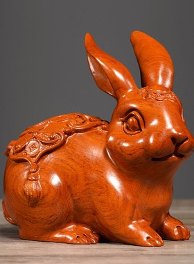 黄花梨木雕兔子摆件生肖兔红木工艺品客厅K家居装饰品实木属兔送