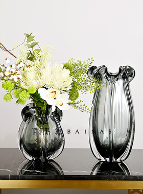 简约创意灰色透明透明插花水养摆件玻璃花瓶N客厅鲜花轻奢高档饰