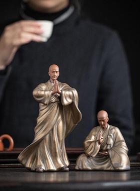 禅意陶瓷小和尚摆件创意客厅茶室茶台茶宠桌面鱼缸造景装饰工艺品