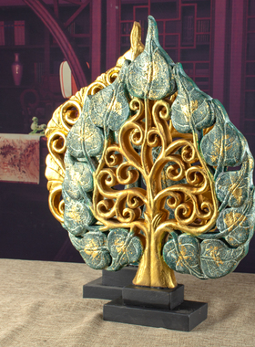 泰国工艺品d东南亚金色摆件实木家居饰品树木雕金箔菩提叶木质雕