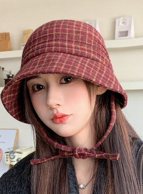 韩版ins风格纹水桶帽女秋款可调节防风帽高级感风气质遮阳太阳帽