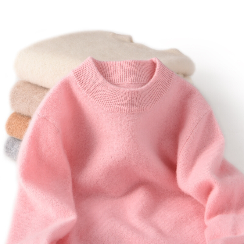儿童100%纯羊毛衫半高圆领女童装秋季男童毛衣套头宝宝纯色小孩
