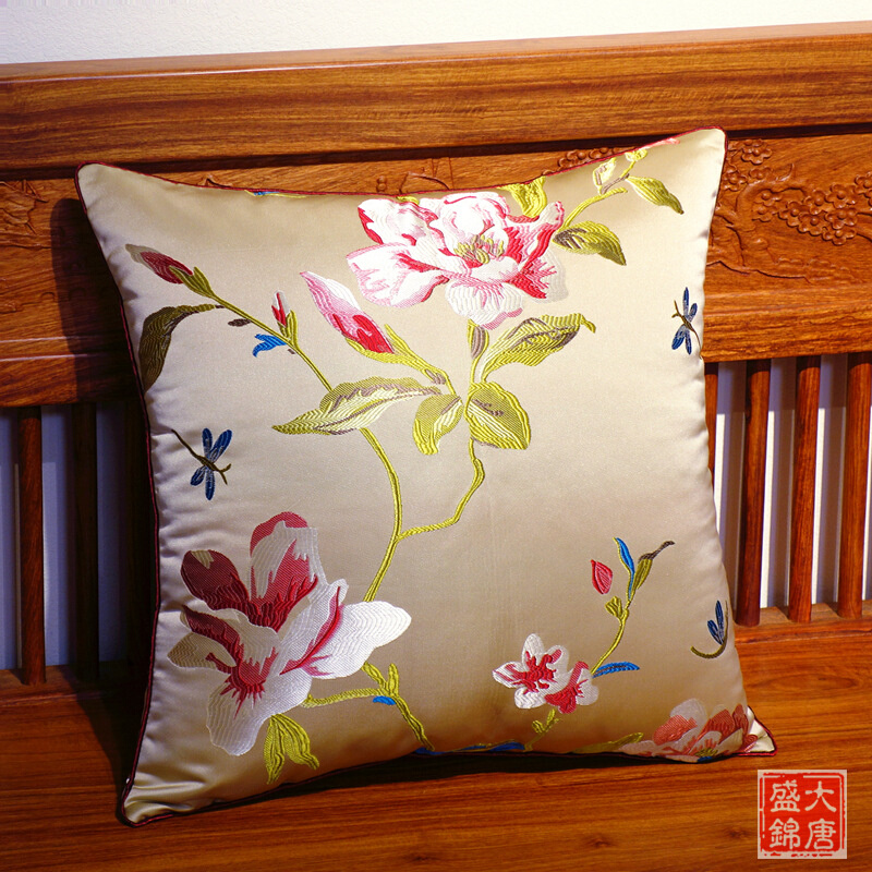 新中抱式枕套丝绸缎面刺绣绣花不含芯长方形中国风沙发靠枕套锦缎