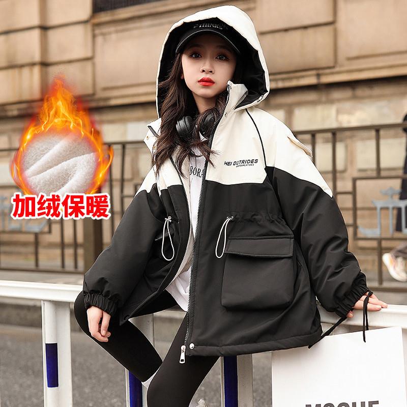 女童冬装加绒加厚派克服棉服2023新款中大童洋气冬季女孩拼色棉衣